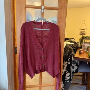 Free People Deep Red Button-Up Cardigan